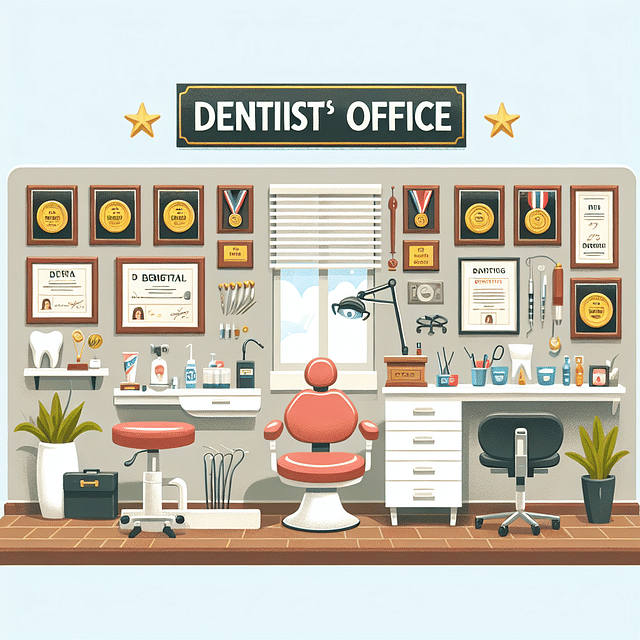 personalized dentist office with awards and hobbies