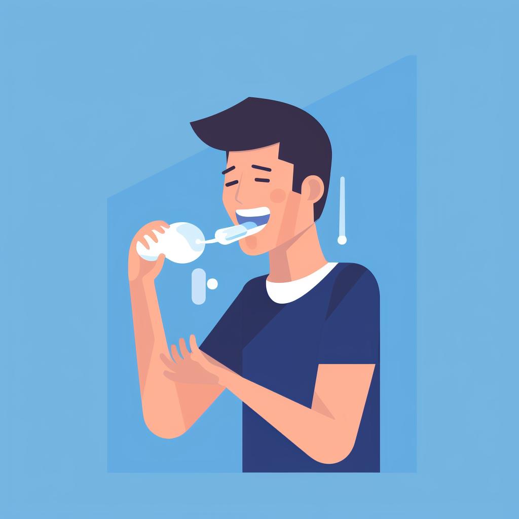 Person rinsing mouth and cleaning toothbrush